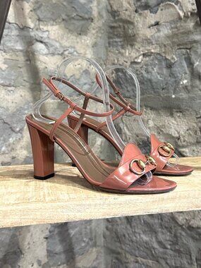 Gucci Tan Patent Leather Horsebit Heeled Sandals